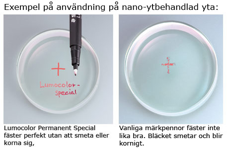 Exepel på använing av Staedtler Lumocolor permanent special på nana-ytbehandlad yta.